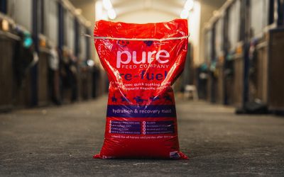 A 15kg bag of Pure ReFuel hydration and recovery mash from The Pure Feed Company placed inside a stable.