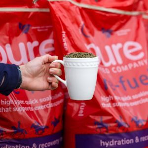 Pure Feed Refuel – High-Spec Hydration & Recovery Mash A hand holding a white mug filled with Pure Feed Refuel pellets, with red Refuel feed bags in the background.