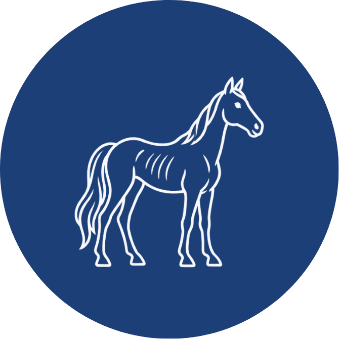 Blue circle with white skinny horse